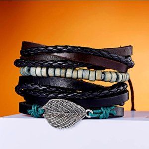 3x Boho Black Leather Leaf Flat Seed Bracelet